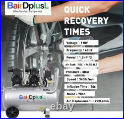 14.5 Gallon Ultra Quiet Air Compressor 110V/60Hz 1.5HP 8.8CFM, Oil-Free 70dB