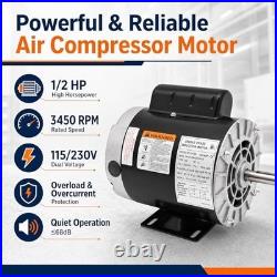 1/2HP AC Motor 3450 RPM 115V/230V, 56 Frame Air Compressor, Quiet 68dB, Keyed Sh