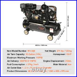 30 Gallon Gas Powered Air Compressor 15HP 33CFM@115PSI 115PSI Max Pressure