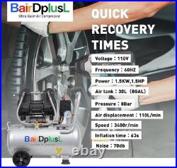 8 Gallon Ultra Quiet Air Compressor 110V/60Hz 1.5HP 8.8CFM, Oil-Free 70dB