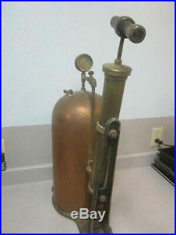 Antique Hand Pump Air Compressor Physics Demo, Medical, 27 tall Brass, Copper