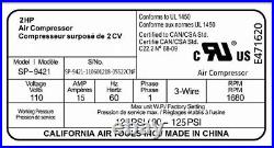 California Air Tools SP-9421 2.0 Hp Oil-Free Motor/Pump (110 Volts) NEW