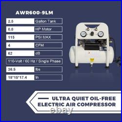 Electric Ultra Quiet Oil-Free Air Compressor 1 Phase 4CFM 115PSI 2.5Gal Tank
