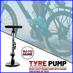 Floor Standing Bicycle Cycle Bike Tyre Hand Air Pump With Pressure Gauge Silver