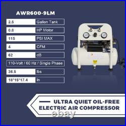 Portable Air Compressor, Ultra Quiet Oil-Free 115 PSI Max 4 CFM With 2.5 Gallon