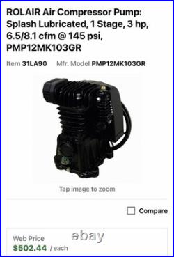 Rolair Pmp12mk103gr Air Compressor Pump, 1 1/2 Hp, 3 Hp, 1 Stage, 17 Fl Oz Oil