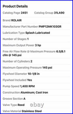 Rolair Pmp12mk103gr Air Compressor Pump, 1 1/2 Hp, 3 Hp, 1 Stage, 17 Fl Oz Oil