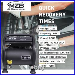 Ultra Quiet 1.1KW Air Compressor 110V 60HZ, 6L Tank 4-9 Bar Quick Pressurization