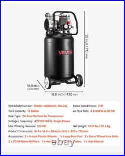 VEVOR 10-Gallon Air Compressor 2HP 4.8 SCFM at 90PSI Max 125PSI Oil-Free Tank